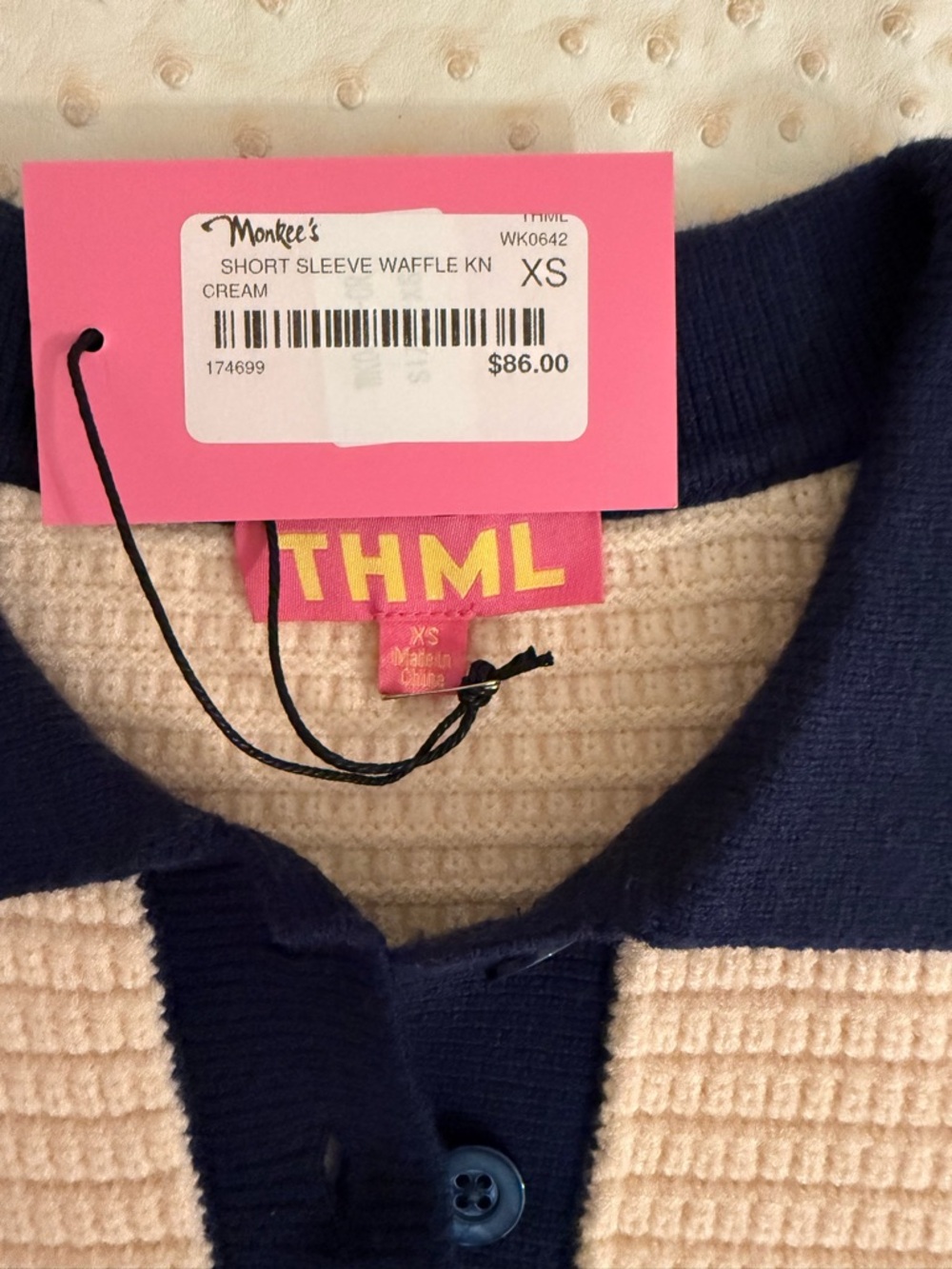 THML Cream Knit Polo with Navy Trim - Picture 3 of 4